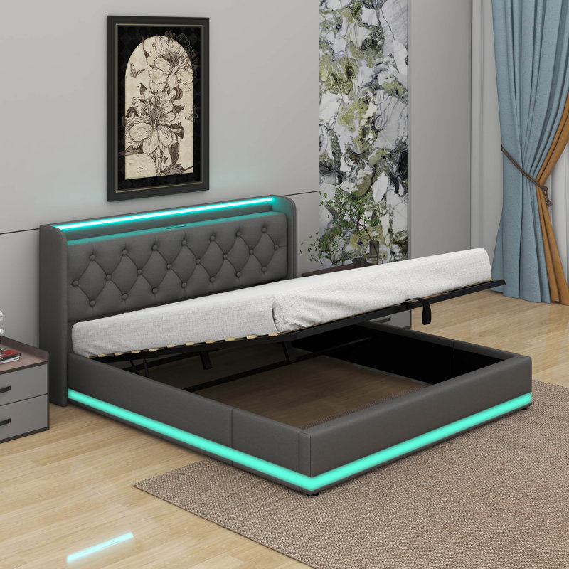 Upholstered Bed, 360 Surround LED Function, Buttons/Apps/Remote Control, Hydraulic Storage Bed With USB Type-C Charging, Grey