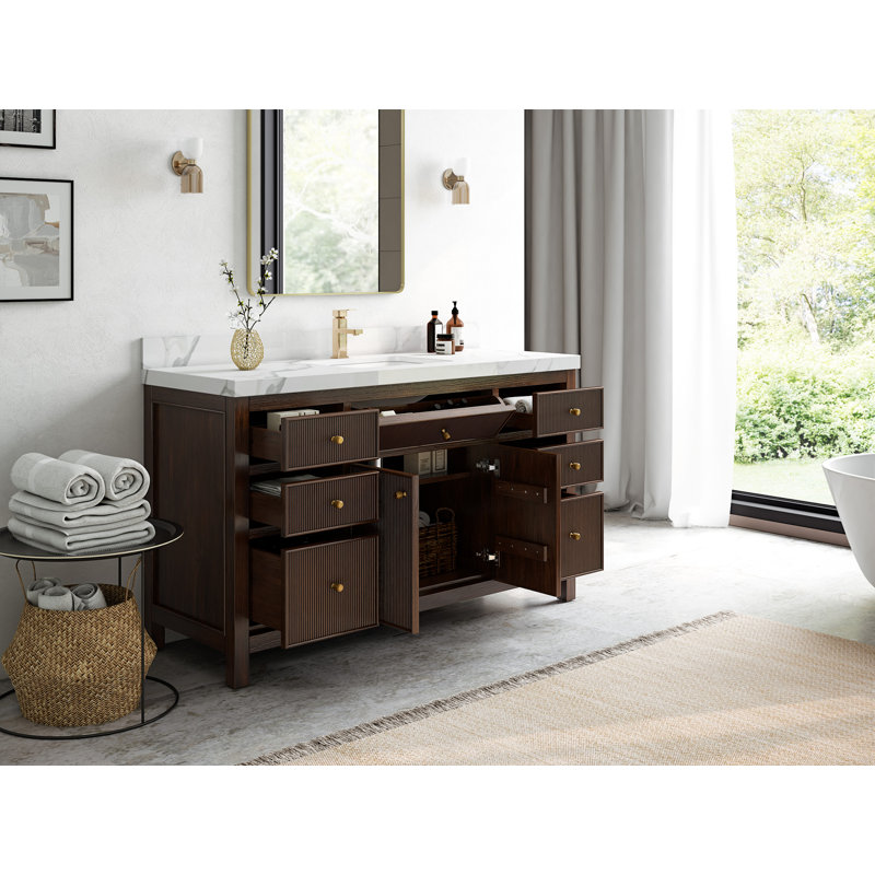 Teck de 60 po Sonoma X P 22 po D Meuble-lavabo simple en noyer foncé avec quartz Cove Edge, Empira