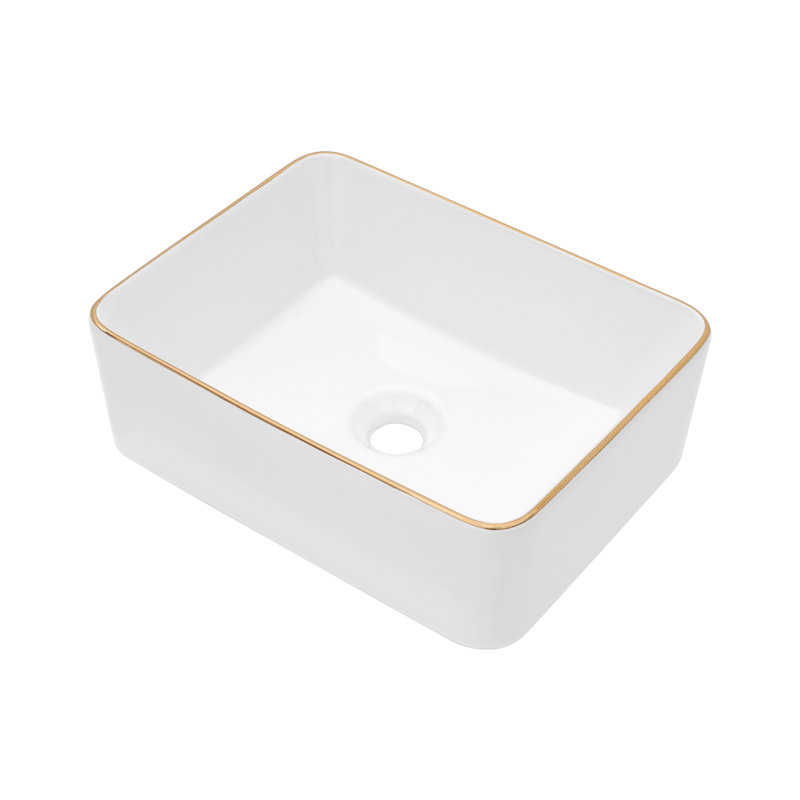 16 x 12 Inch White Ceramic Rectangular Vessel Sink with Gold Rim