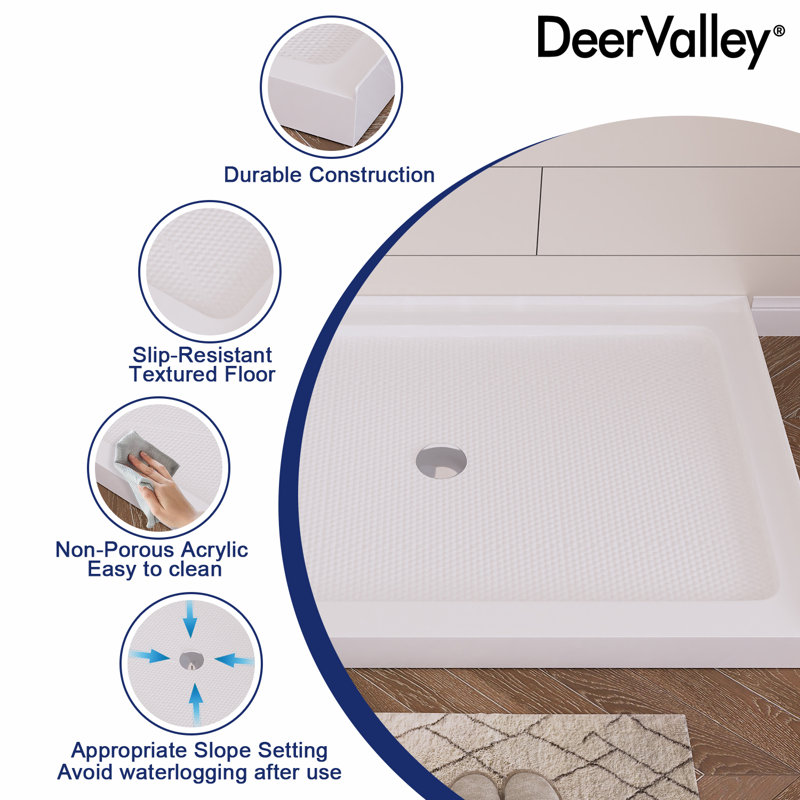 DeerValley 48" x 32" Rectangle Shower Base White Acrylic with Single Threshold Shower Pan, Non-slip Design, White