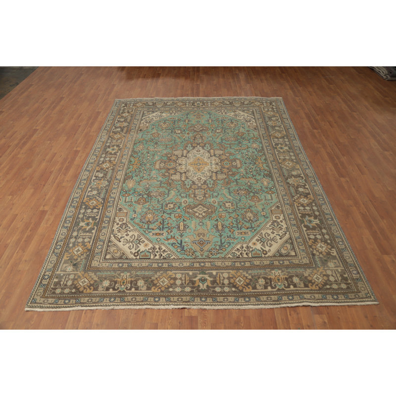 Tapis vert fait à la main en laine vert 8 x 11