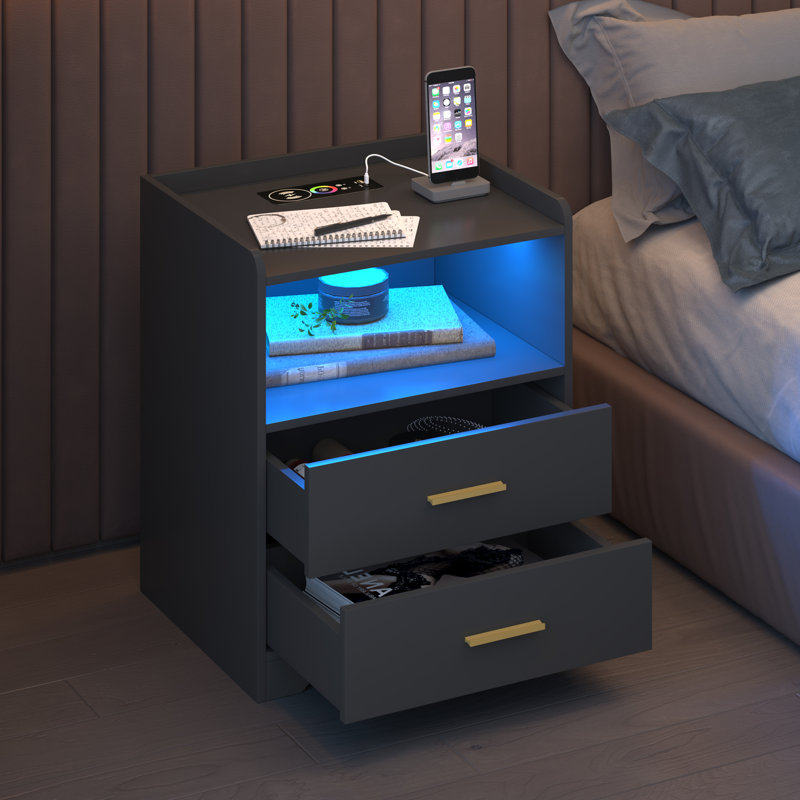 2 Drawer Bedside Table with Charging Station and Human Sensor Light, Black