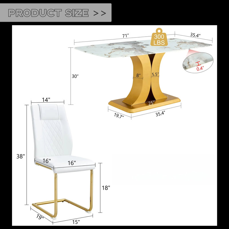 Ensemble de table de salle à manger 71 "en verre de luxe Pandora - Pieds dorés en forme de C et 6 chaises en polyuréthane avec bases arquées en métal