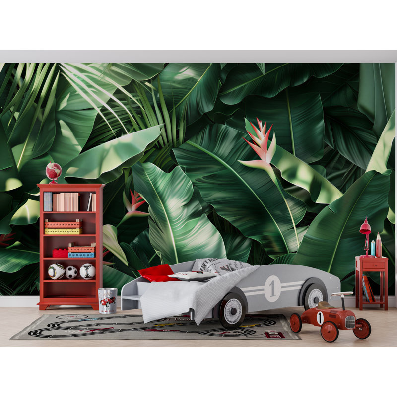 Murale feuille de jungle tropicale - Papier peint botanique audacieux avec plantes exotiques, L 145 po x l 100 po, Non tissé