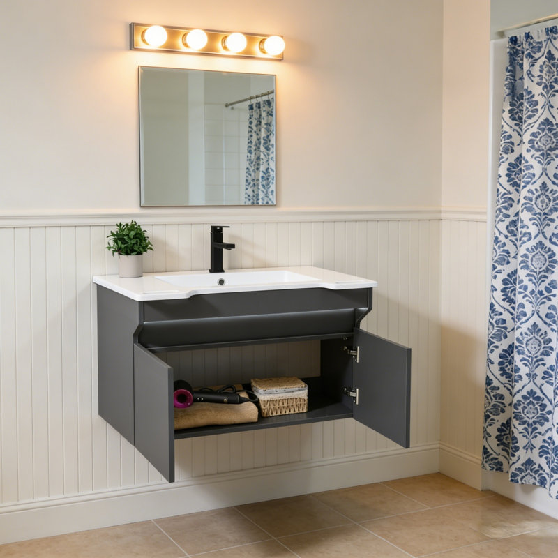 32'' Wall Mounted Single Bathroom Vanity with Solid Surface Top, Motion Sensor LED Light, Gray