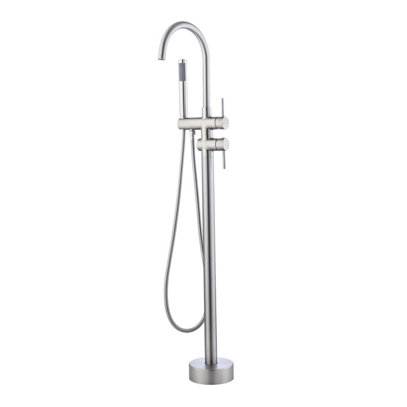 Robinet de baignoire en nickel brossé avec coquille en céramique et fonction d'égouttement à fixation au sol en acier inoxydable