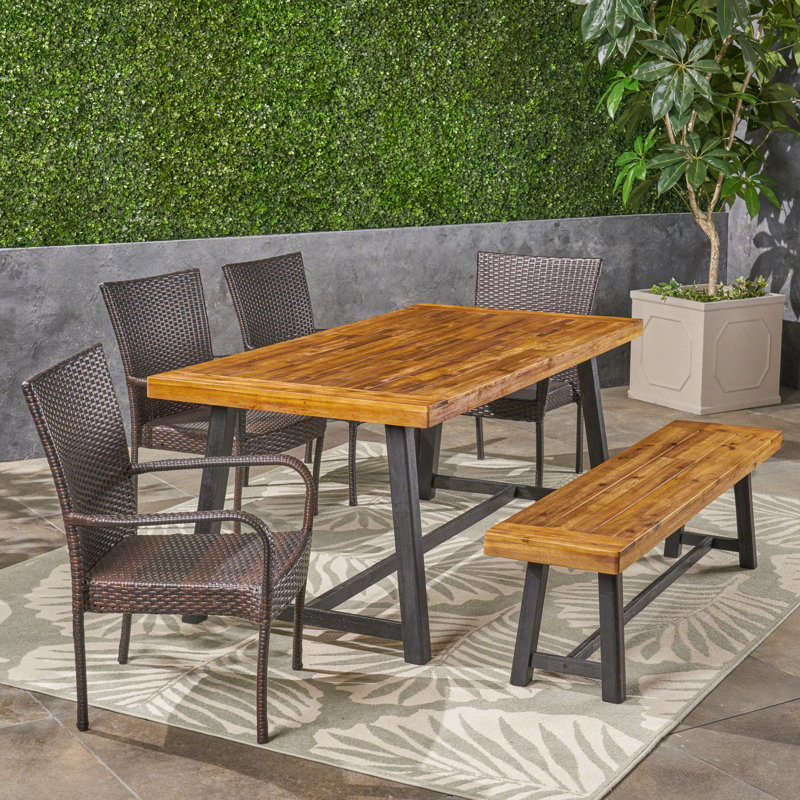 Teak and Wicker 6-Person Outdoor Dining Set with Iron Frame