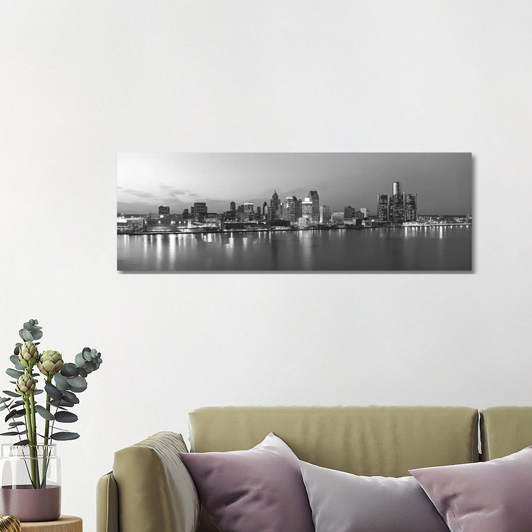 Detroit Skyline Cityscape by Unknown Artist - Wrapped Canvas Panoramic Print