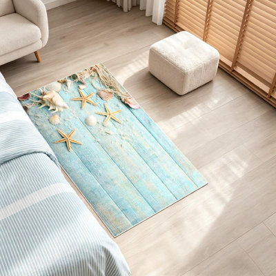 Blue Machine Washable,Sea Stars and Shells Wooden Beautiful Decor Decorative Exotic Marine Indoor Area Rug