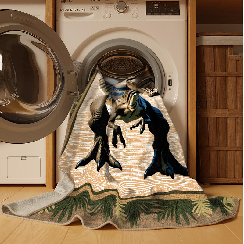 Tapis beige dinosaures lavable à la machine, Rectangle 7 pi x 9 pi