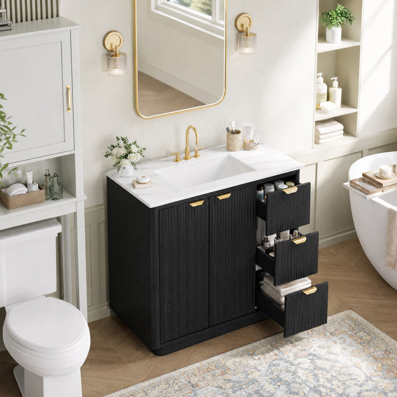 36'' Freestanding Single Bathroom Vanity With Ceramic Sink Top, Black Oak, 36'' W