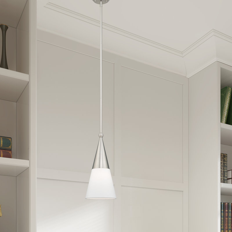 Luminaire suspendu conique à 1 lumière Armoney, Nickel brossé, Blanc