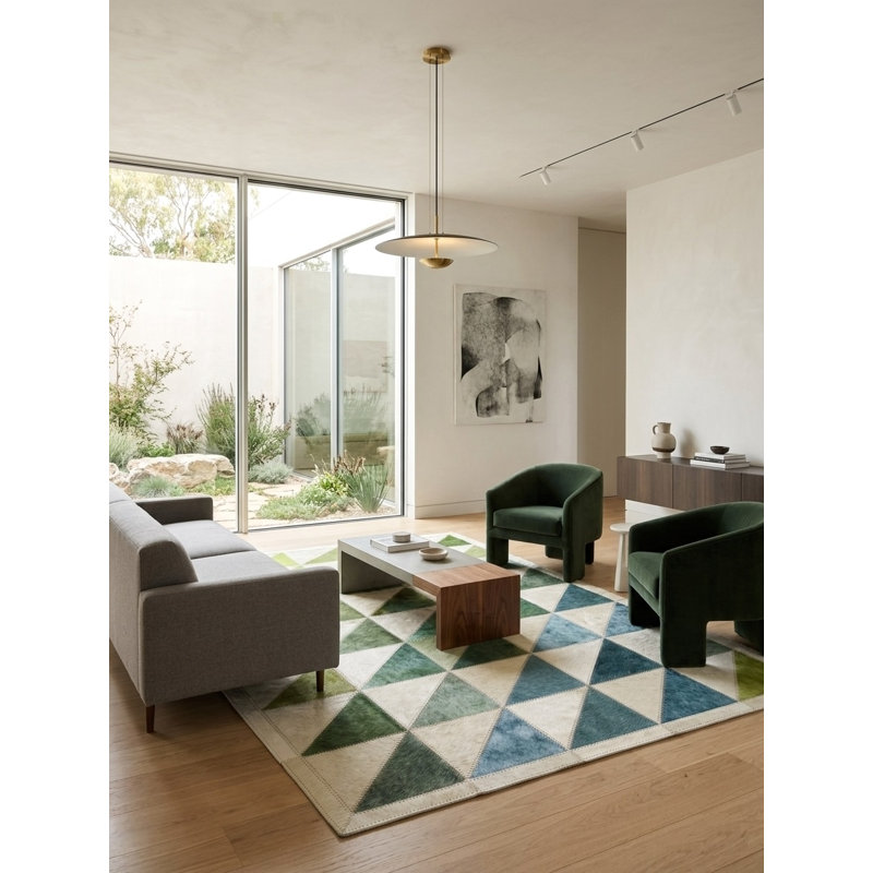 Tapis Abani Rugs Hide HID330A Vert Bleu Ivoire Demi-carré Triangle Patchwork Cuir de vache, 6 pi x 9 pi