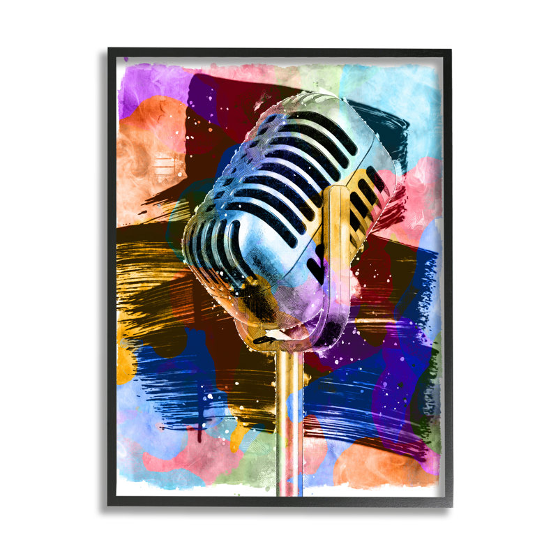 Microphone moderne et éclatant, H 20 po x l 16 po x P 1,5 po, Giclée encadrée noir minuit