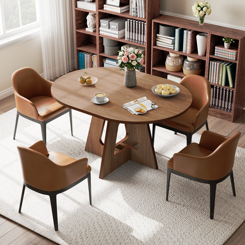Table de salle à manger extensible ronde ovale pour 4-6 personnes avec tablette de rangement, Brun