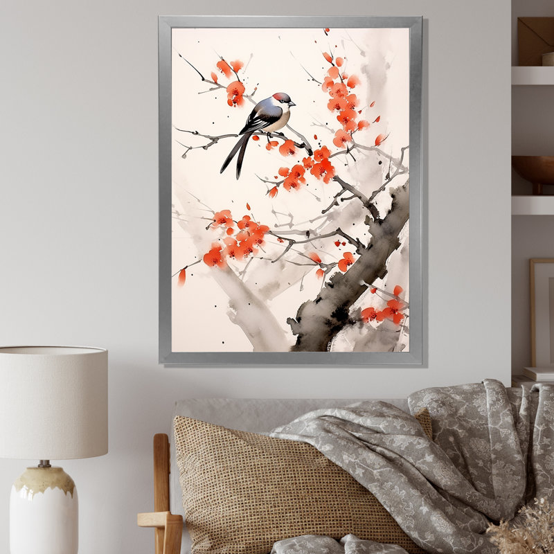 «Asian Art Sumi Bird Serenity VII», reproduction sur toile, Cadre photo gris, H 32 po x l 16 po x P 1 po