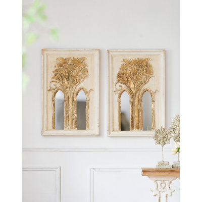 Miroir mural Mid-Century 20,1 x 2 x 29,9 po avec détails feuille d'or, ensemble de 2