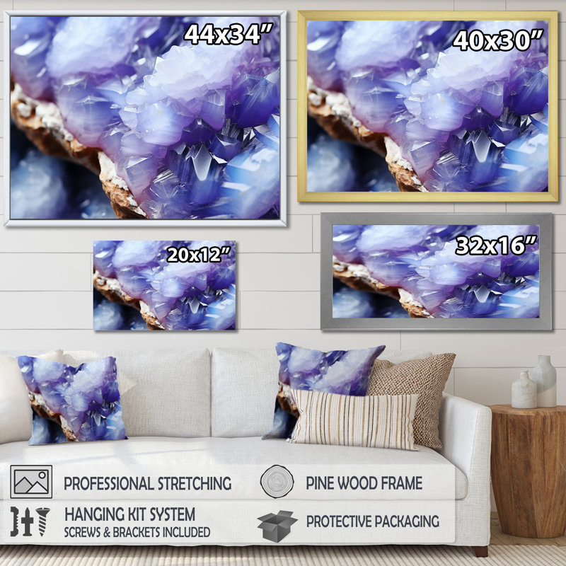 Pierre mauve Geode Volcano III - art mural pierre géode, Cadre doré à coins fermés, H 34 po x l 44 po x P 1,5 po