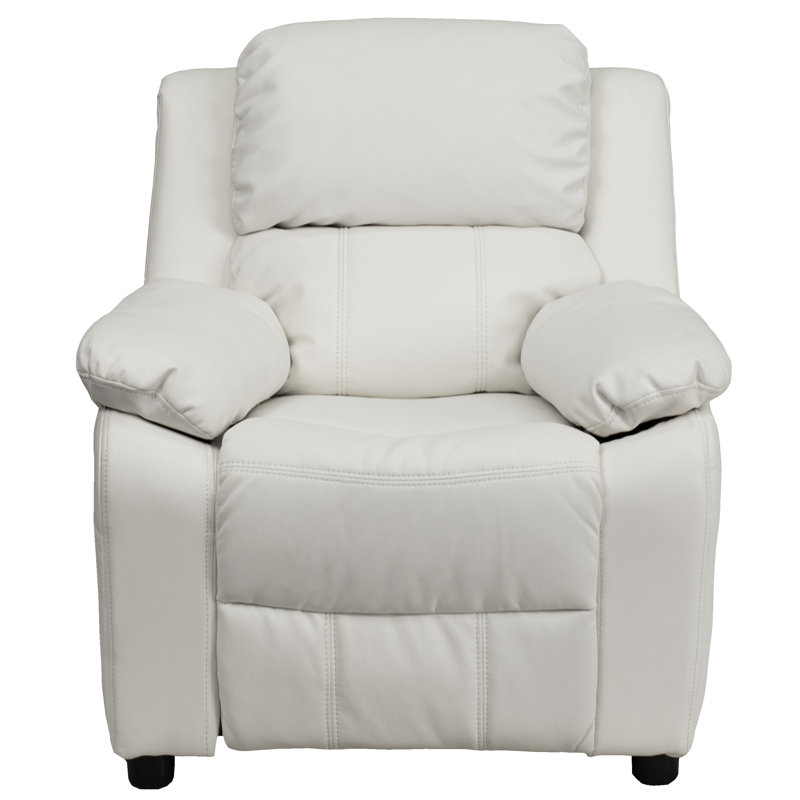Deluxe Padded Contemporary Kids Recliner with Storage Arms, Vinyl - White