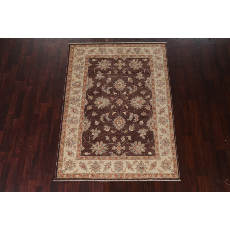 Tapis brun en laine noué à la main de conception unique 4 pi 8 po x 6 pi 6 po