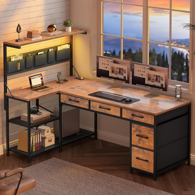 Bureau de jeu en L, petit bureau d'ordinateur réversible de 47,2 po avec 5 tiroirs et tablettes de rangement, bureau de jeu en coin avec lumières à DEL et prise de courant