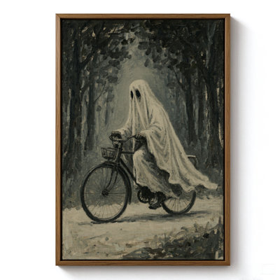 Fantôme d'Halloween poussant un vélo, tableau sur toile encadré, cadre brun, 40 x 60 cm