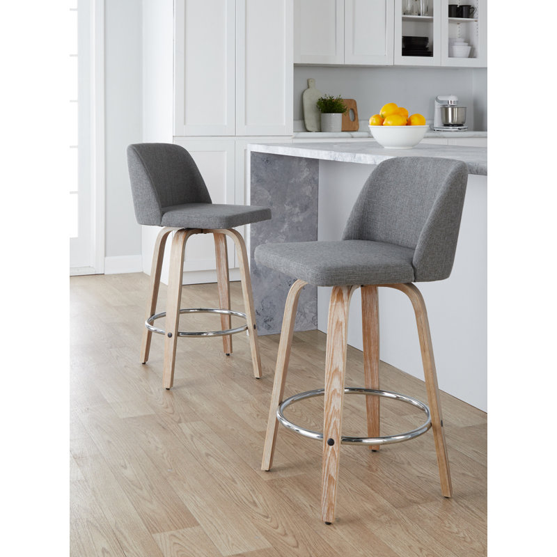Tabouret de comptoir à hauteur fixe de 26 po avec pieds en bois cintré et repose-pieds rond Thea, Mélange de polyester gris