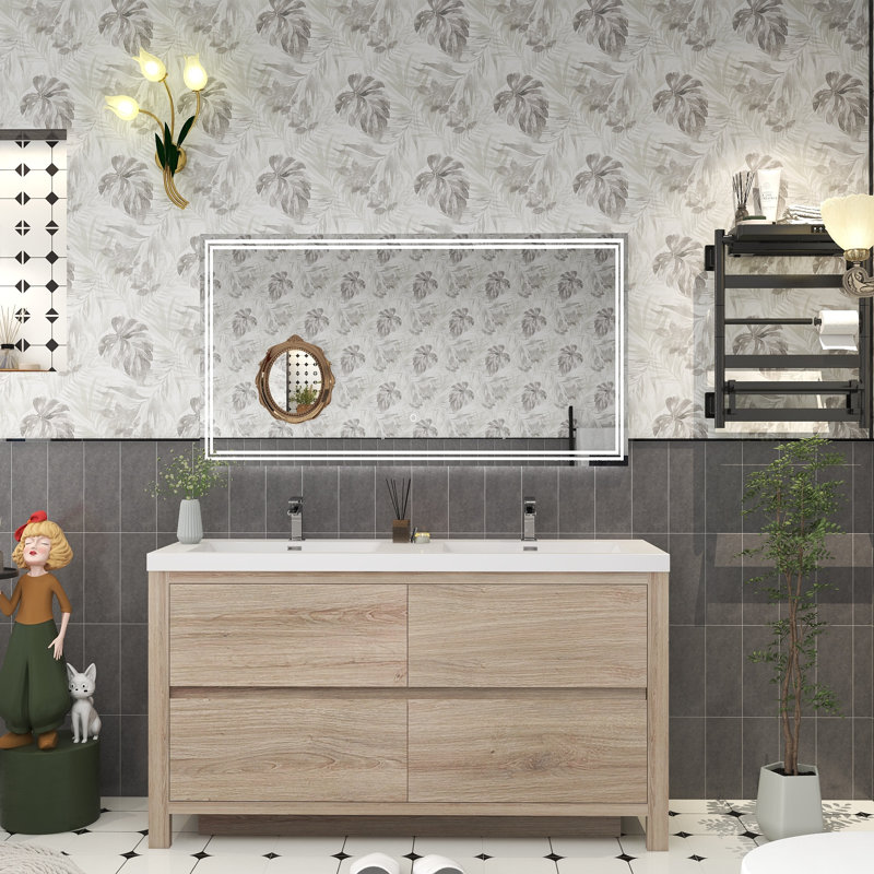 Meuble-lavabo double 59 po avec plateau en acrylique Cabazon, Chêne blanc