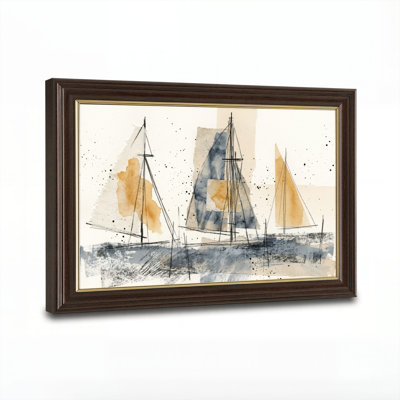 Art mural antique sur toile encadré doré pour le salon, la chambre à coucher, le bureau ou le vestibule - Décoration murale décorative avec aquarelle de voilier