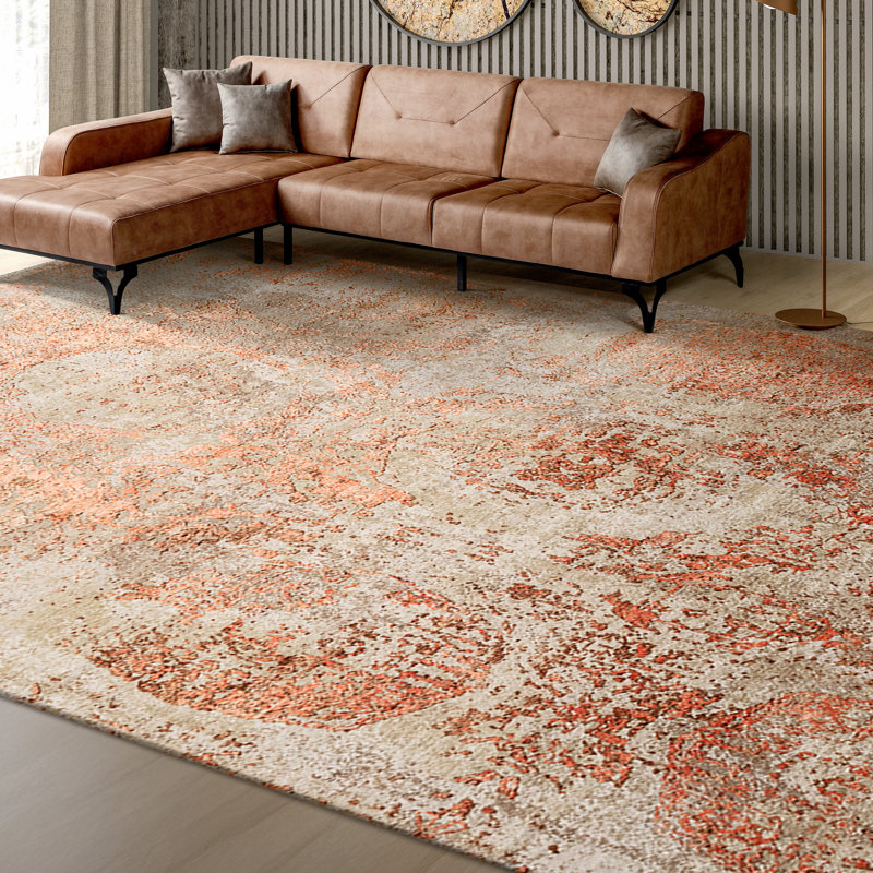 Abstract Area Rug in Beige/Orange, Rectangle 12' x 15'