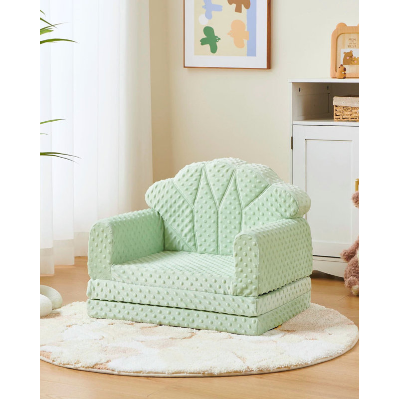 2-in-1 Soft Bubble Dot Minky Fold-Out Couch, Convertible Toddler Sofa, Kid Furniture for Playroom, Green, Green