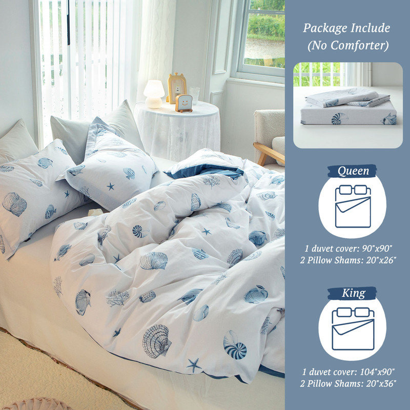 Housse de couette 100% coton lavé - ensemble de literie de style bord de mer nautique, ensemble de housse d'édredon imprimé avec fermeture à glissière 4 attaches
