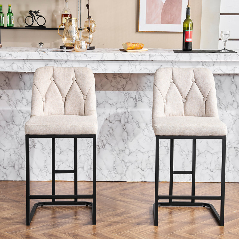 De 2 tabourets modernes beiges - boutons, structure en métal pour tous les styles de décoration intérieure, Beige