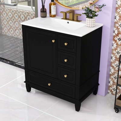 Bathroom Vanity with Ceramic Sink, 1 Door with Shelf, 3 Drawers and Soft-Close Door