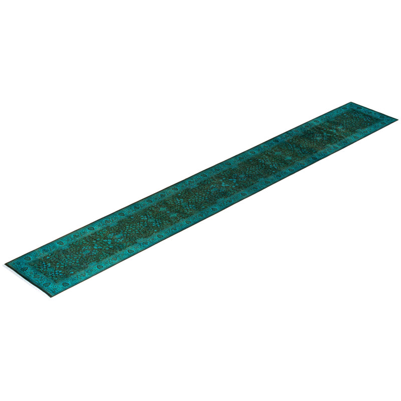 Tapis de couloir unique noué à la main Fine Vibrance - bleu, 2 pi 7 po x 18 pi 5 po