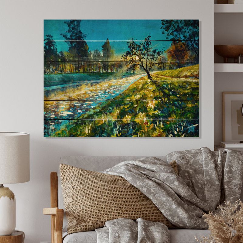 Peinture sur bois Sunsert On Forest - Art mural traditionnel en bois - Bois de pin naturel, H 24 po x l 36 po x P 1 po