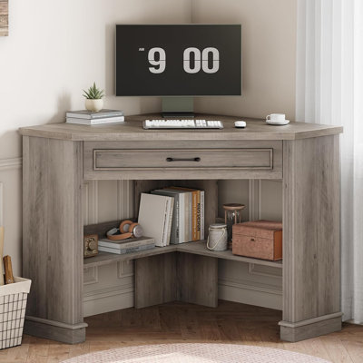 Petit bureau d'angle de 31,5 po, bureau d'angle pour petit espace, bureau d'ordinateur de coin Farmhouse avec tiroirs, petit bureau d'ordinateur avec tablettes de rangement pour bureau à domicile, salon, chambre à coucher