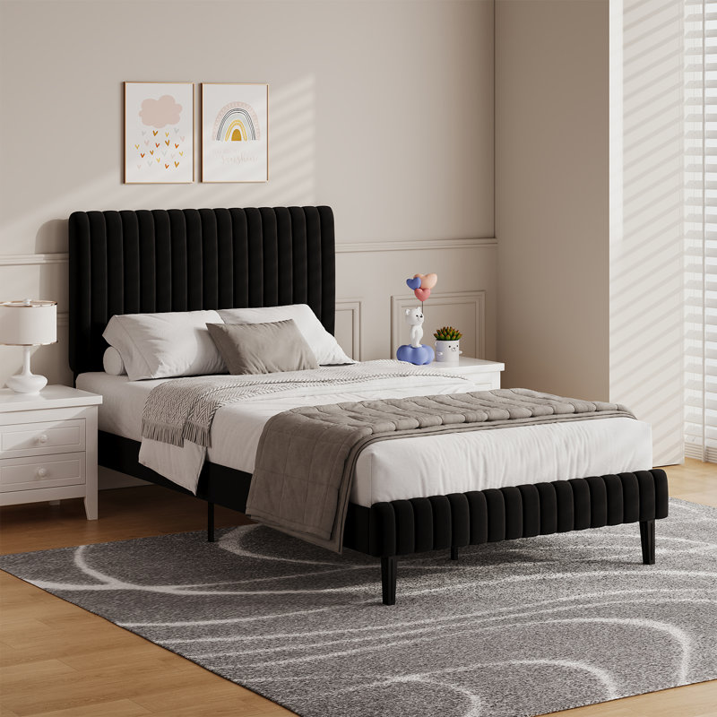 Tête de lit et pied de lit en velours avec revêtement matelassé, Simple, Noir