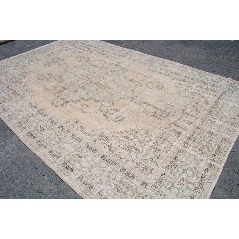 Grand tapis turc beige en laine Oushak - authentique tapis Anatolian fait à la main
