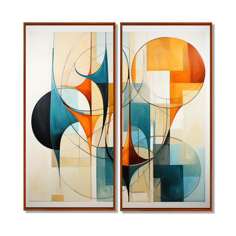 «Orange Mid Century Harmony In Geometric I - Abstract Midcentury Large, art mural», H 20 po x l 24 po, Brun