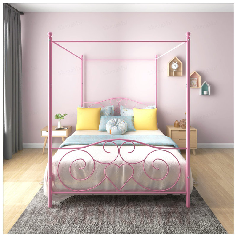 Sturdy Metal Canopy Bed Frame with Vintage Headboard and Footboard, Easy Assembly, Queen Size, Pink