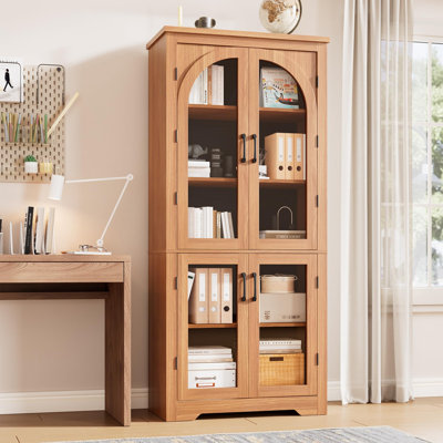 Armoire de cuisine moderne de 70 po de hauteur avec 4 portes arquées en verre - tablettes réglables, armoire autoportante pour la cuisine, la salle à manger, le salon, la salle de bain - Panneau de fibres à densité moyenne robuste, présentoir de rangement polyvalent