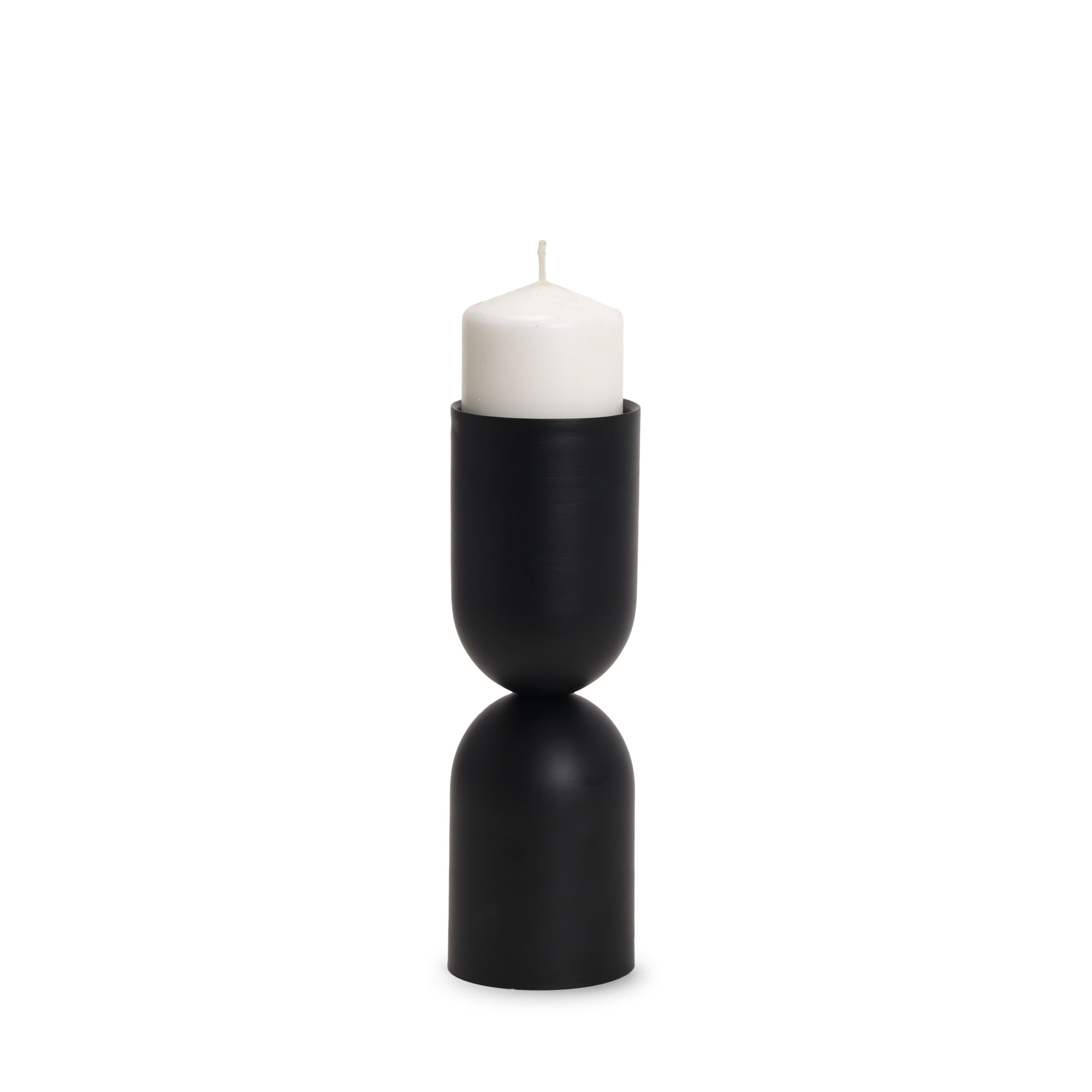 Short Black Metal Pillar Candle Holder, 11" H x 3.5" W x 3.5" D