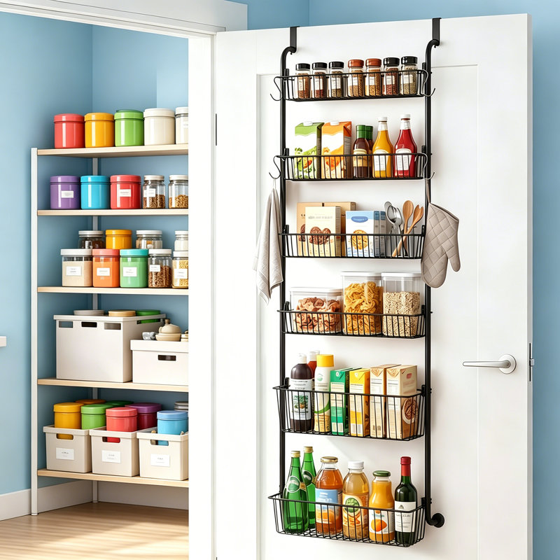 6 Tier Over Door Pantry Organiser, Black Metal Hanging Basket Rack, Anti-Swing Storage Unit for Cupboard & Laundry Room