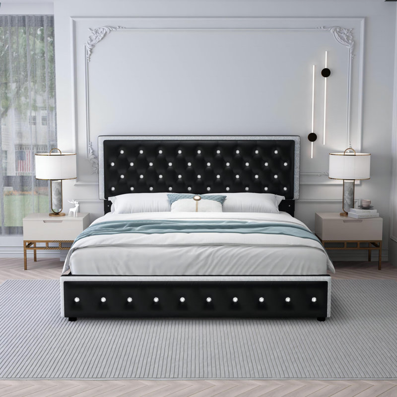 Kendrall Upholstered Platform Bed Frame with 2 Storage Drawers & LED Lighting, Black, King