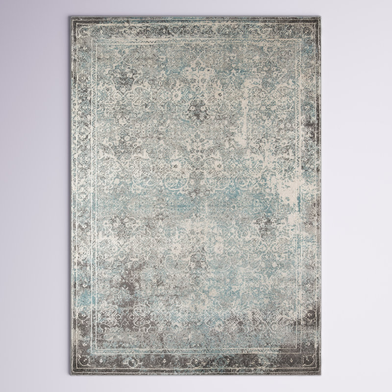 Tapis turquoise, gris foncé et ivoire à motif abstrait Allina, Rectangle 5 pi 3 po x 7 pi 6 po
