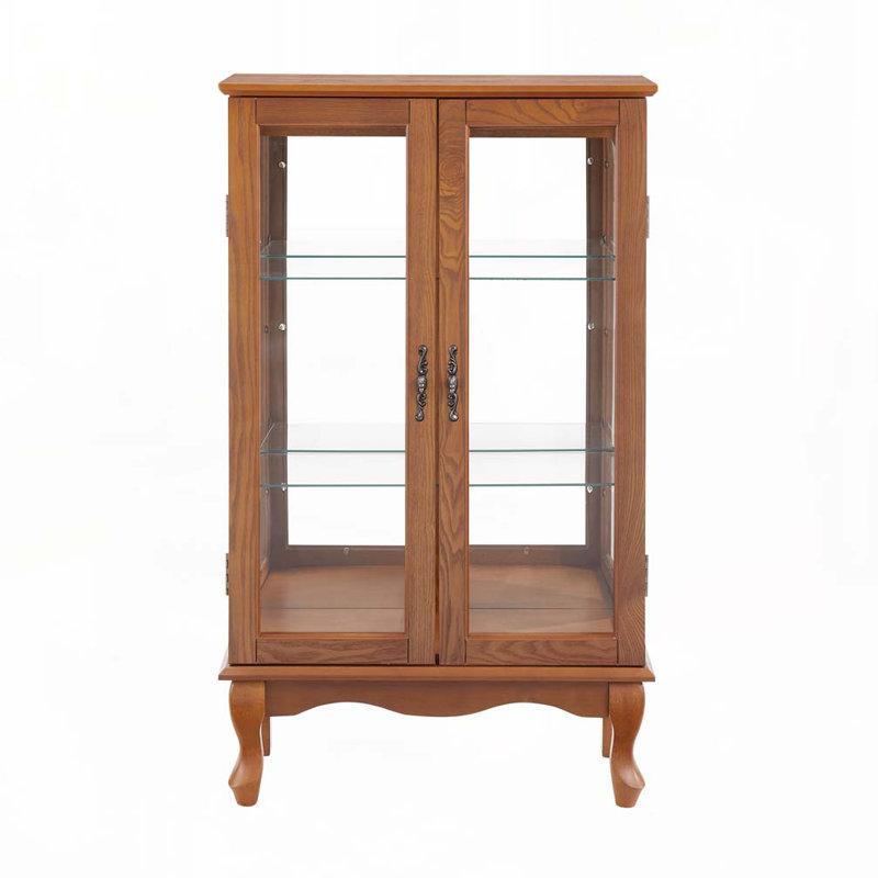 Vitrine 2 portes avec portes en verre trempé, armoires de terrasse avec panneau arrière en miroir et tablettes réglables, vitrine éclairée pour la maison, ampoule de bureau incluse, chêne