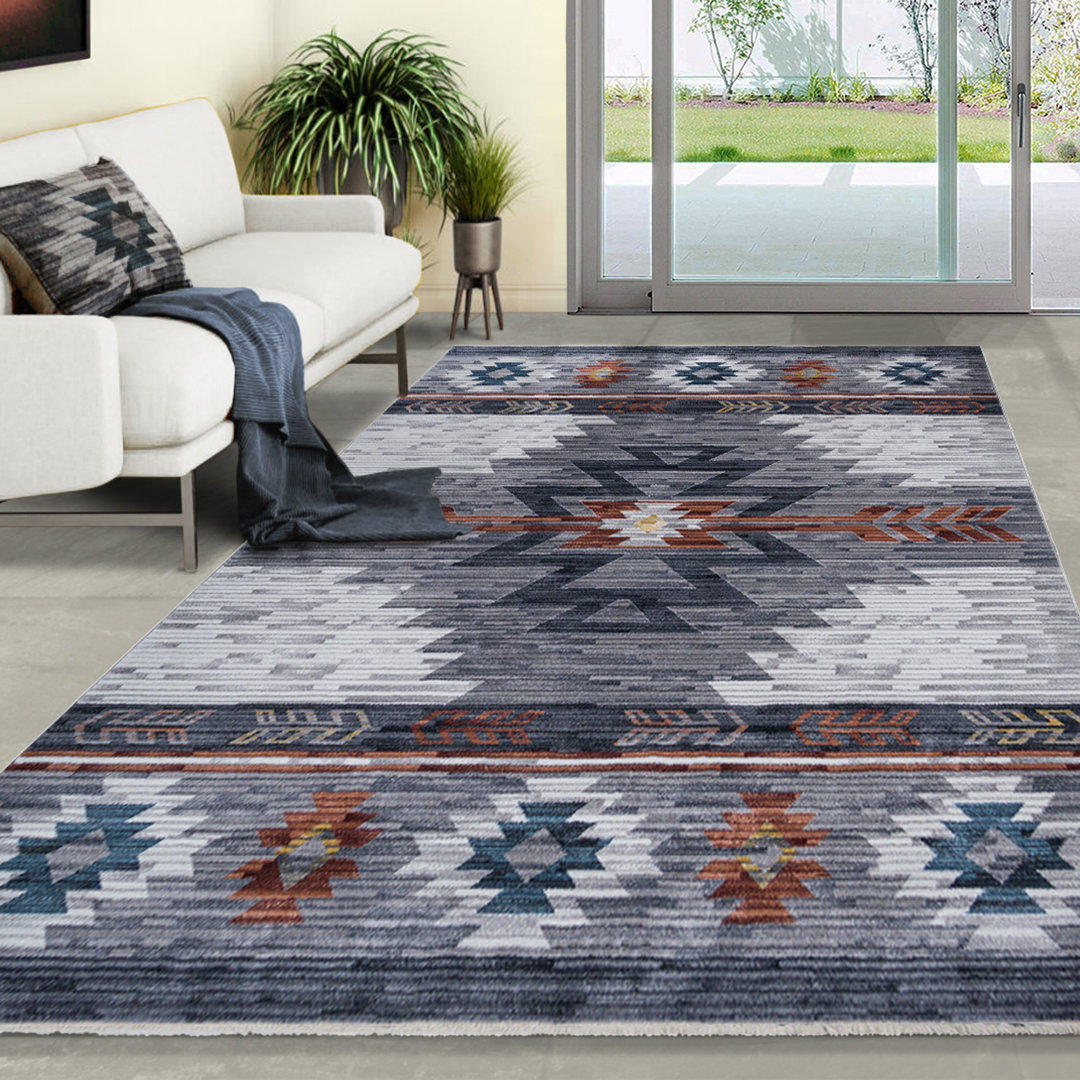 Allstar 8X10 Tribal Accent Rug In Gainsboro Grey With Midnight Blue Spirit Ward Design (7' 9" X 9' 8") Union Rustic Rug 