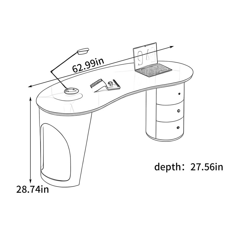 Bureau d'ordinateur simple et moderne, H 28,74 po x l 62,99 po x P 27,56 po, Blanc / Doré