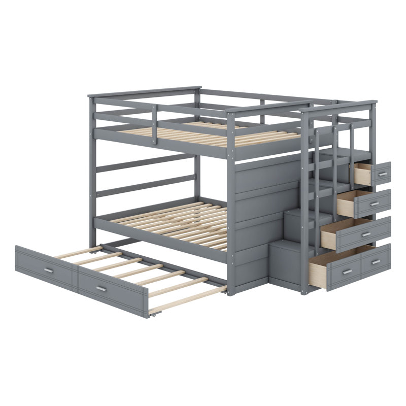 Bunk Bed with Storage Stairs and Trundle, Gray, Full over Full